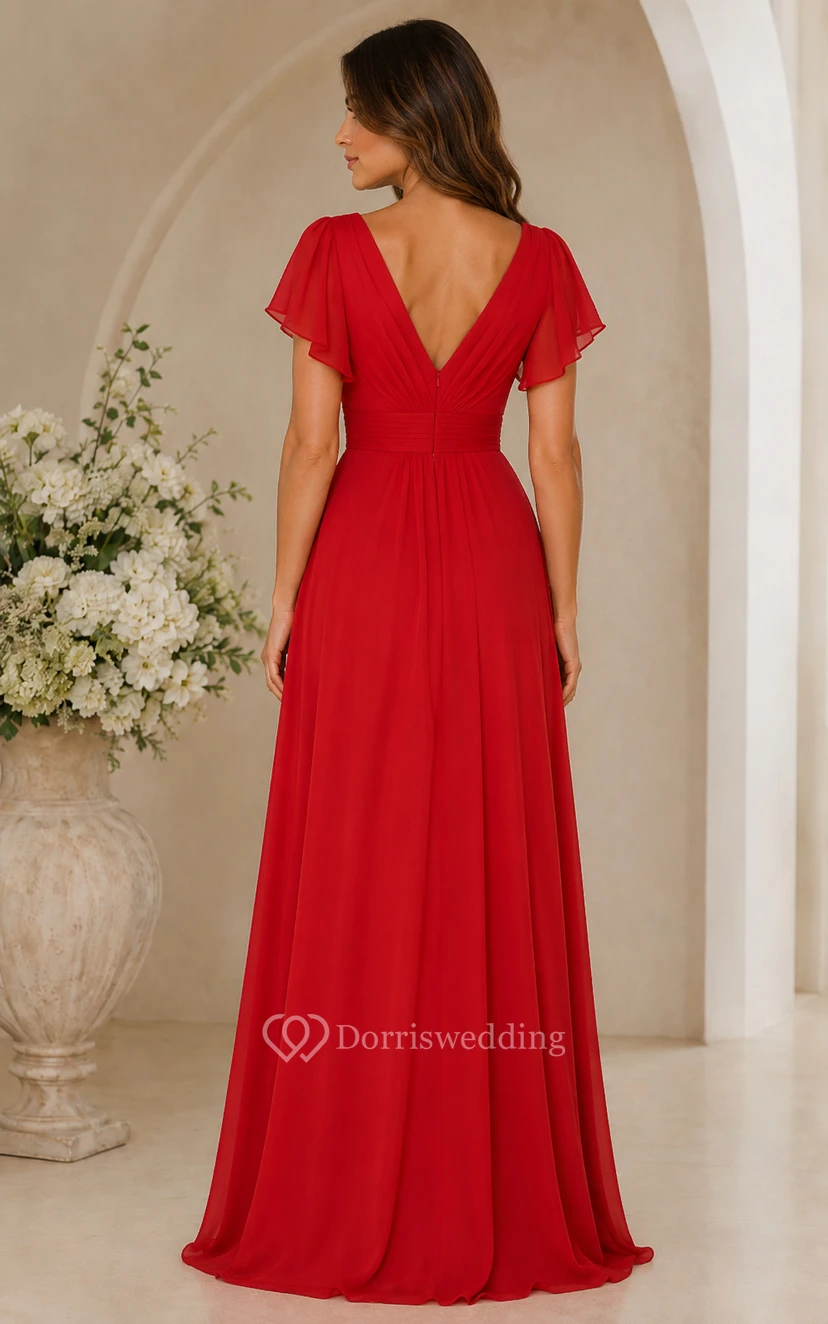 Red V-neck Ruffle A-Line Chiffon Bridesmaid Dress view 2