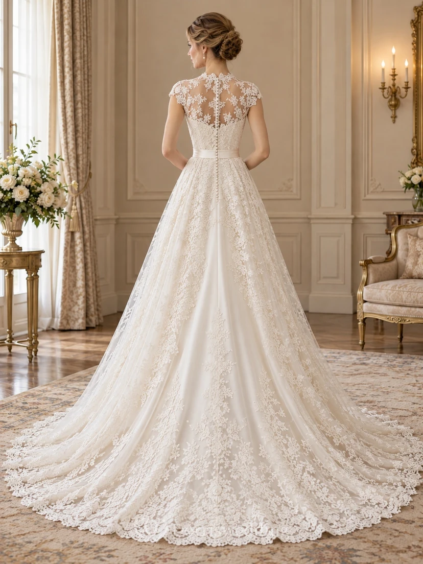 High Neck Cap Sleeve Floral Lace Full A-Line Wedding Dress view 2