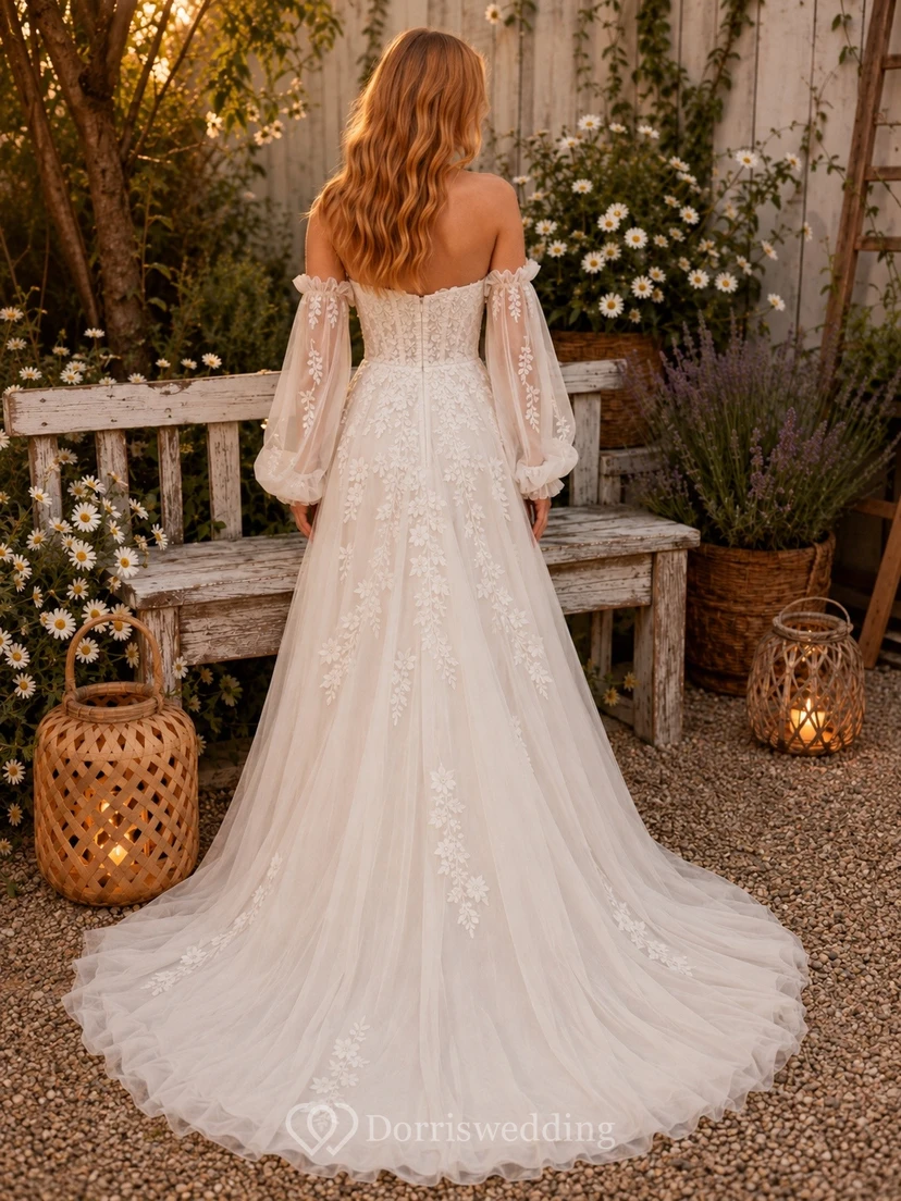 Vestido de novia formal de corte A con hombros descubiertos, estilo bohemio romántico. view 2