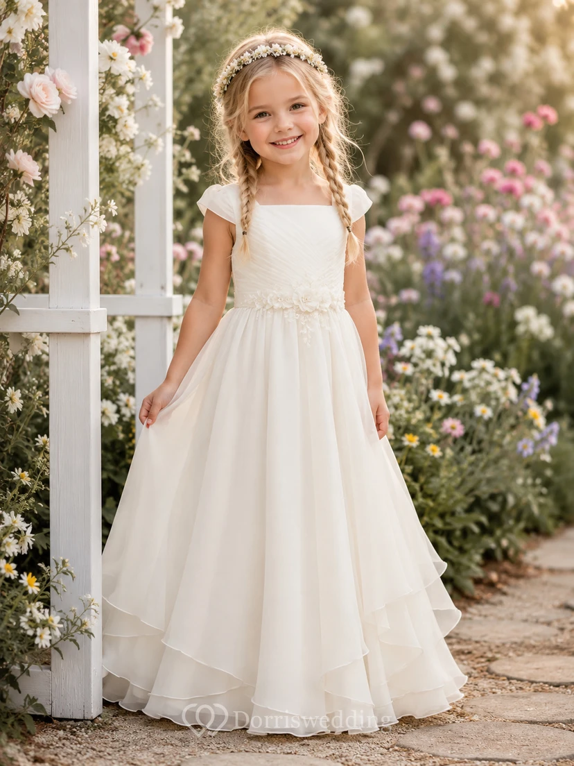 Blumenmädchenkleid aus mehrlagigem Tüll mit Perlengürtel