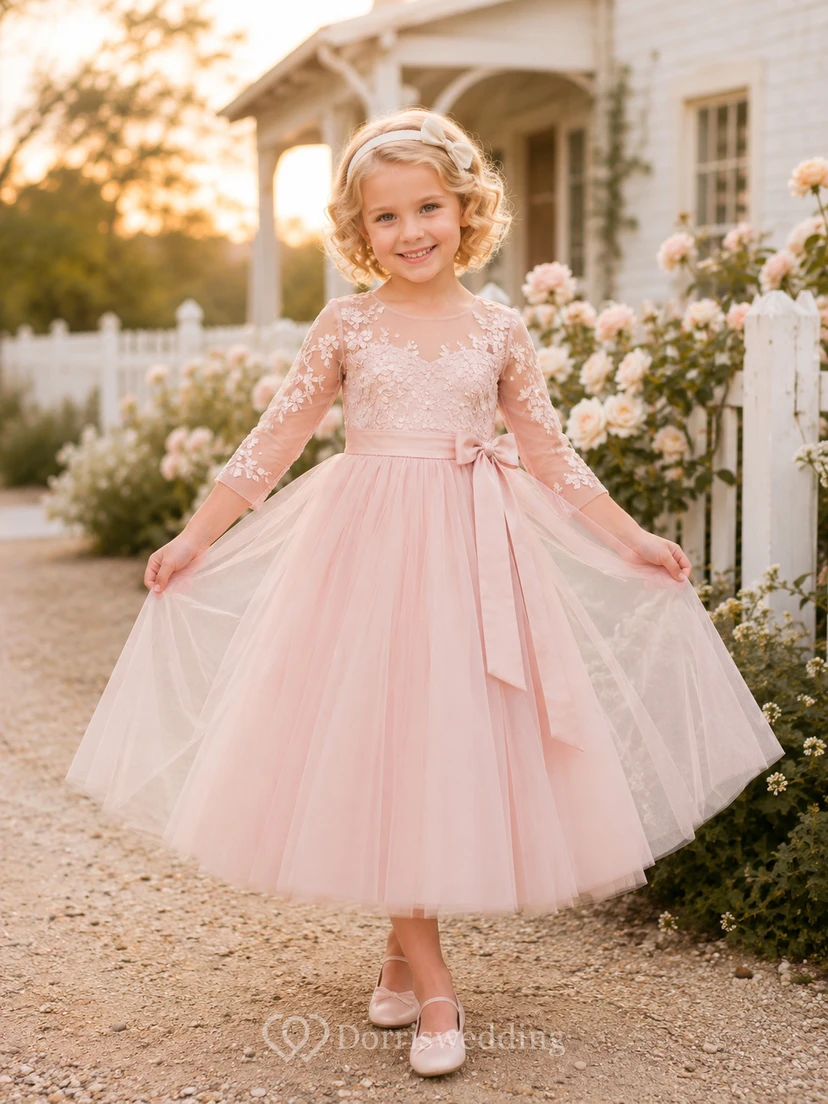 A-Line Flowergirl Pink Tulle Floor-Length Long Sleeve Sash Farmhouse Wedding Dress