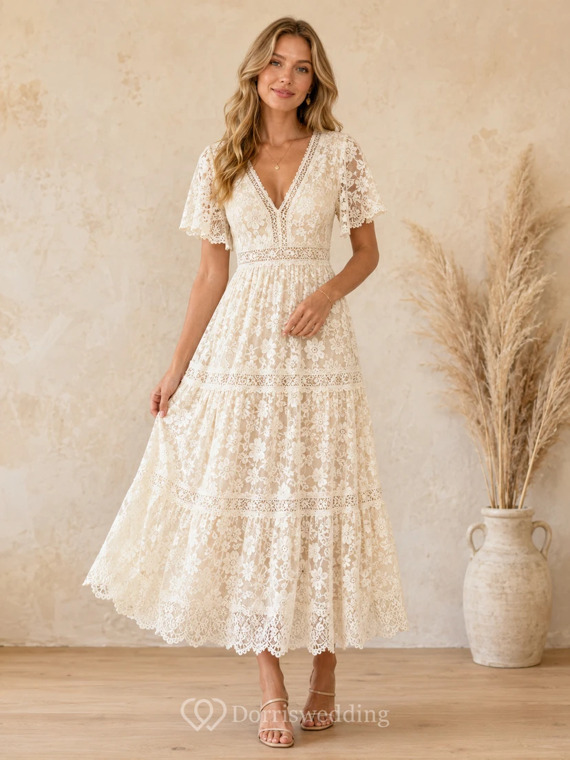 Bohemian Ivory Tea-Length V-Neck Tiered Crochet Lace Guest Dress Rustic