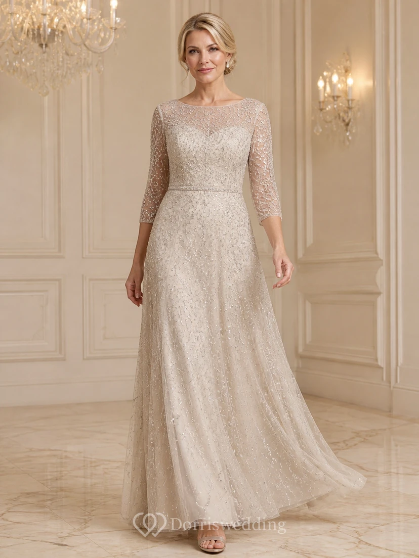 Robe de mère de la mariée, coupe trapèze, manches trois-quarts, en dentelle, style sobre et élégante, idéale pour les mariées plus âgées.