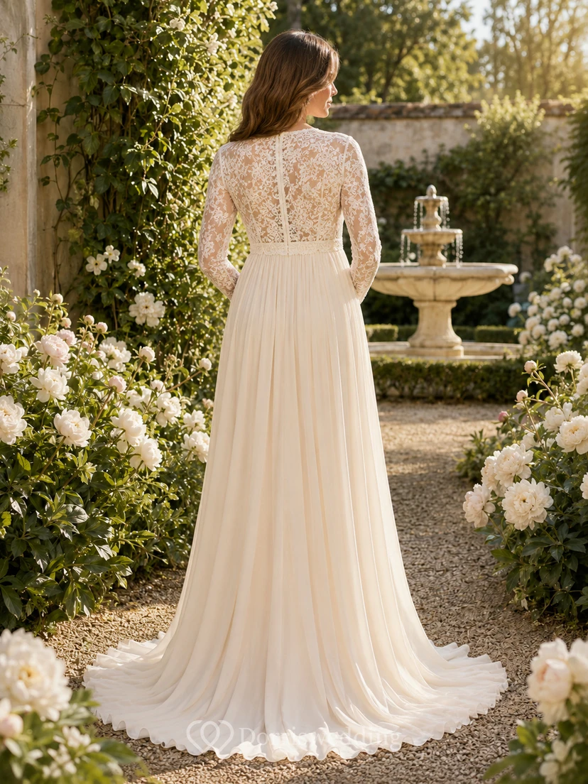 Umstandsbrautkleid, langärmelig, V-Ausschnitt, Oberteil aus Spitze, A-Linie, Chiffon, Gartenkleid view 2
