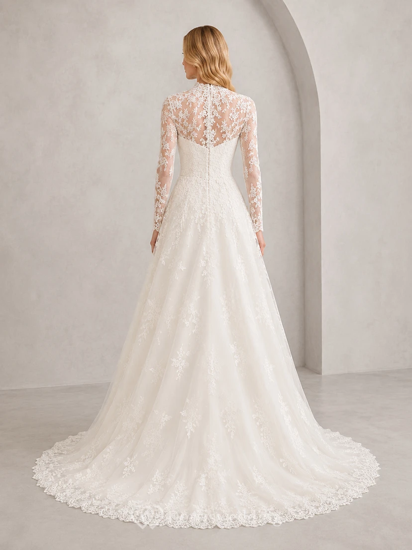 Vestido de novia de gala con encaje y mangas largas de ilusión discreta view 2