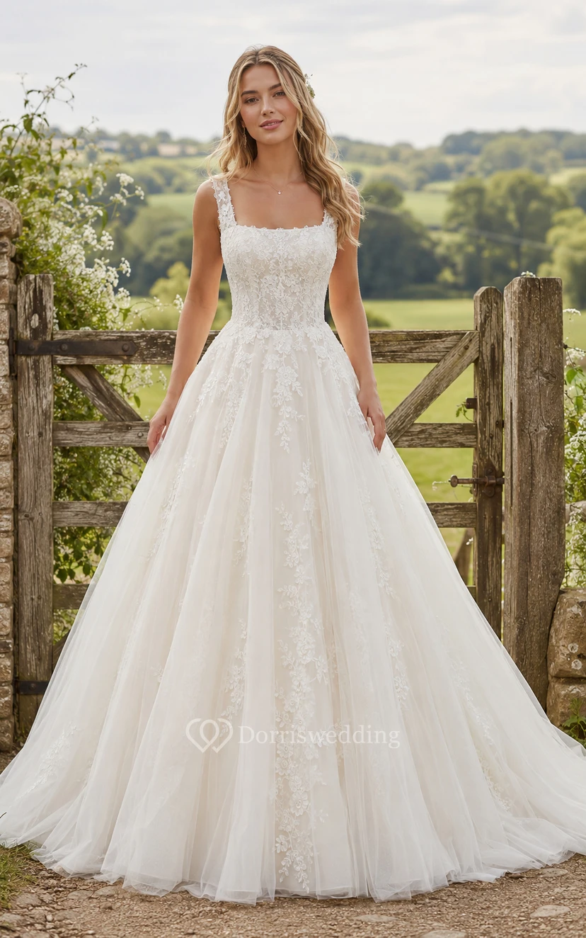 Country Square Tulle A-line Wedding Dress with Lace