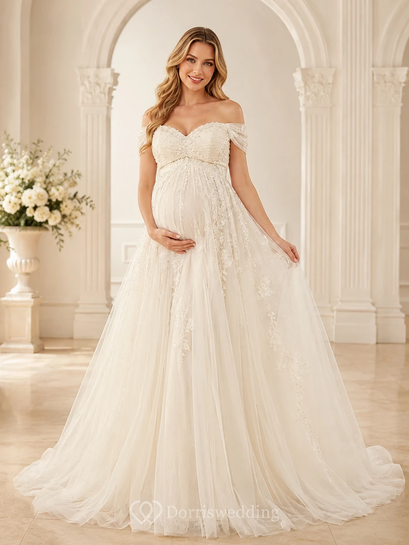 Robe de mariée de luxe en tulle, longue jusqu'au sol, épaules dénudées et manches courtes, style princesse, idéale pour la maternité.