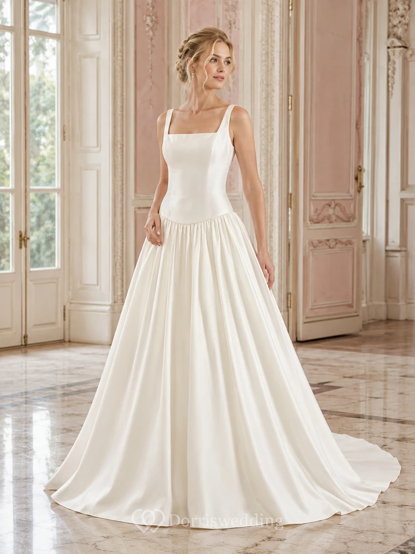Robe de mariée de bal en satin à taille basse et col carré