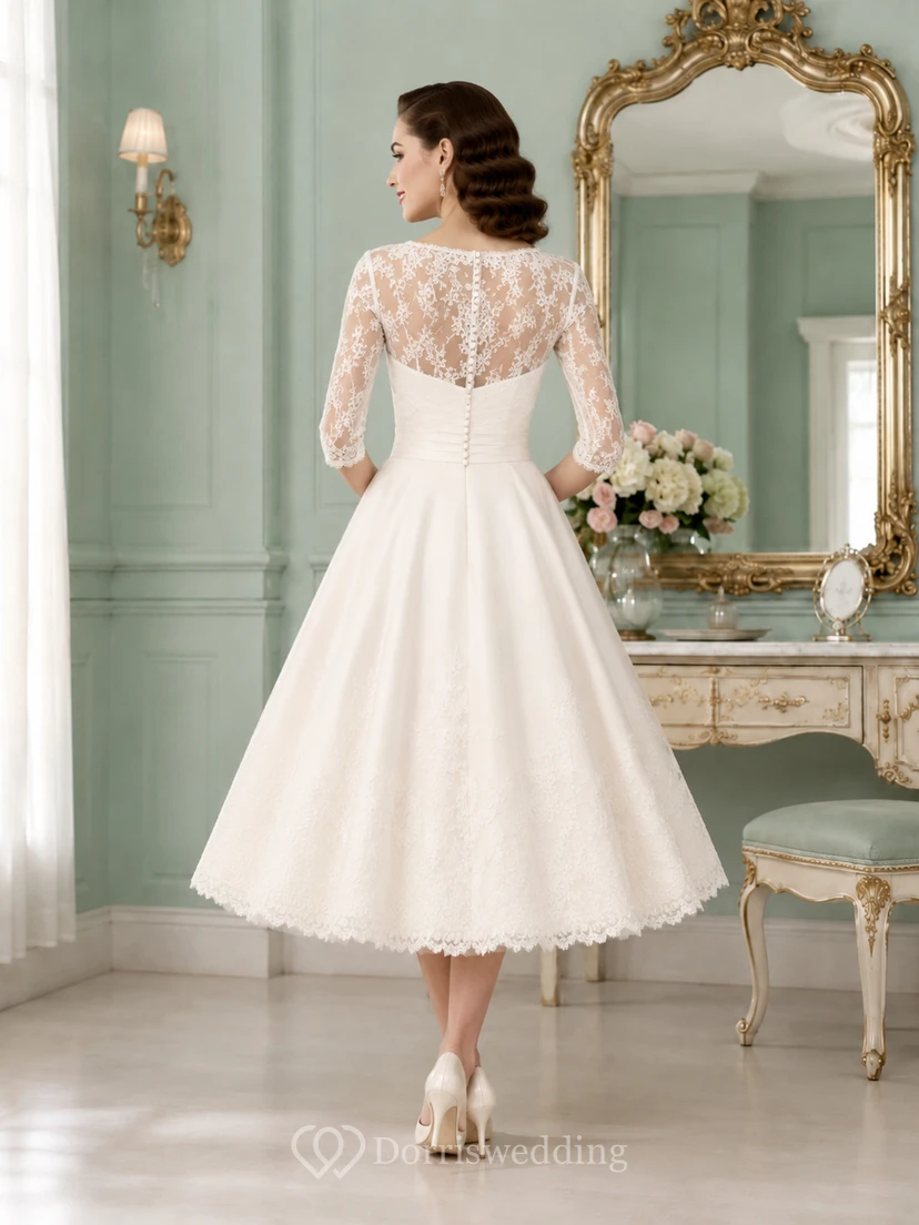 Vintage 1950s V Neck Three Quarter Illusion Lace A-Line Tea Wedding Dress view 2