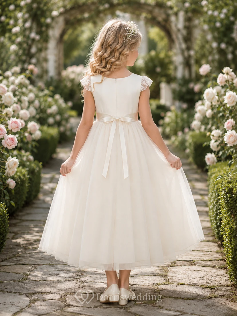 Blumenmädchenkleid aus elfenbeinfarbenem Tüllsatin, A-Linie, kurze Ärmel, Rundhalsausschnitt, Teelänge, Schleifendetail view 2