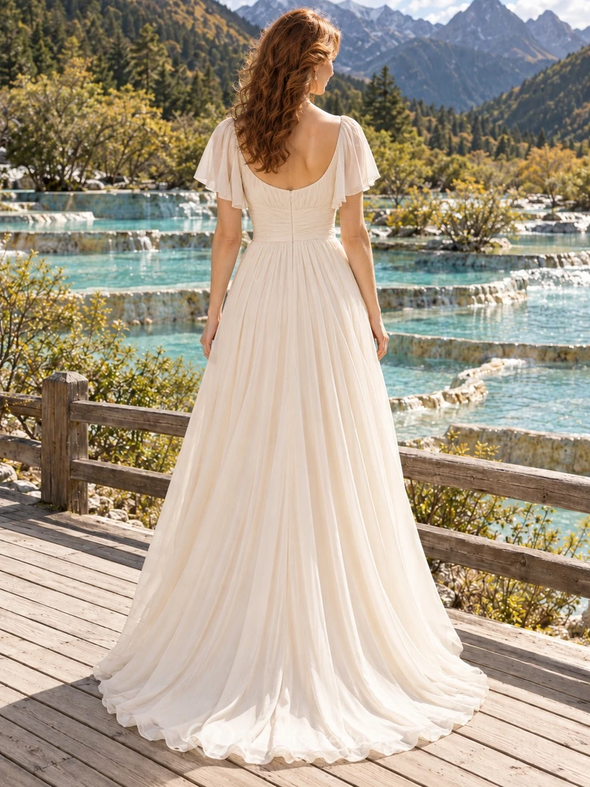 Vestido de novia sencillo de gasa color champán con escote redondo y manga corta view 2