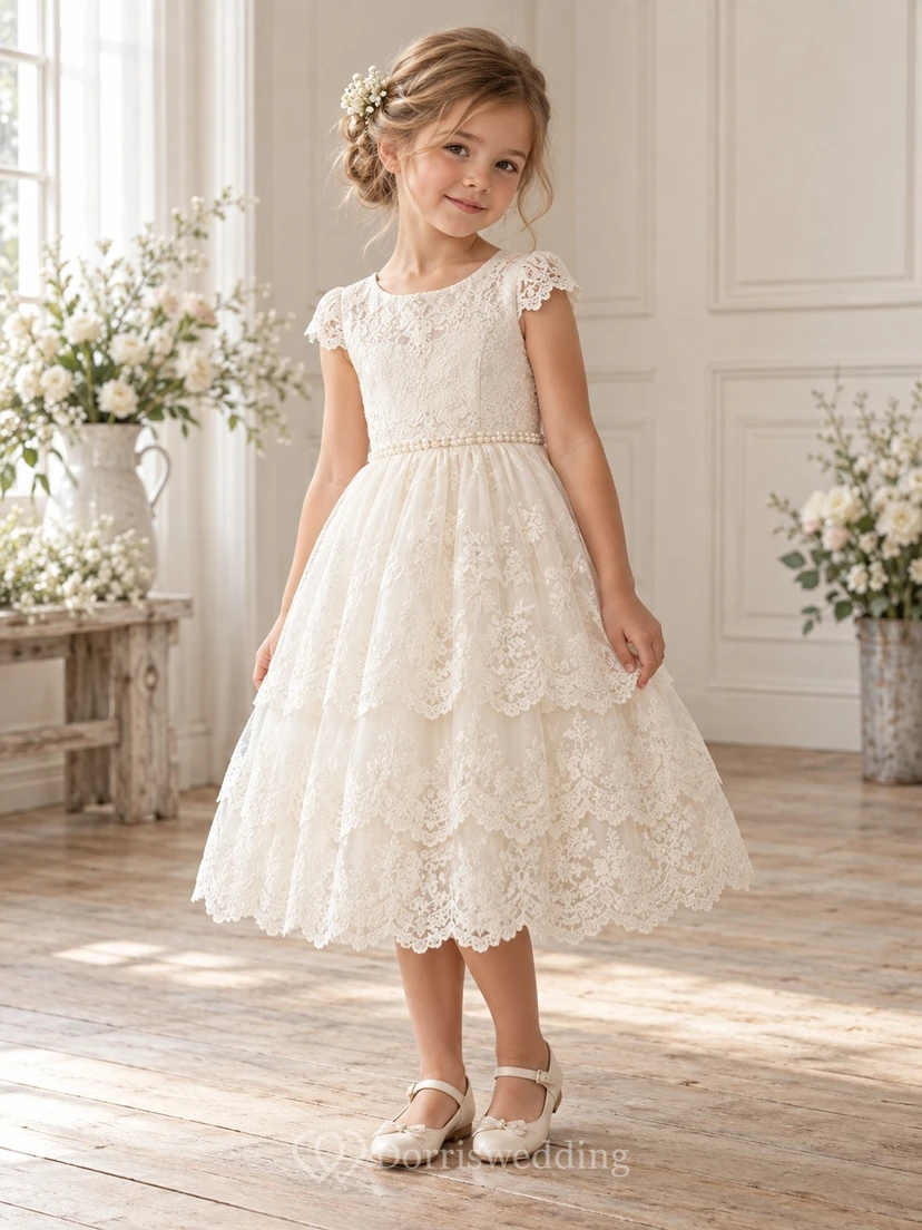Teelanges elfenbeinfarbenes Sommerkleid mit Blumenmuster, A-Linien-Schnitt, Spitzenärmeln und Muschelsaum für Blumenmädchen