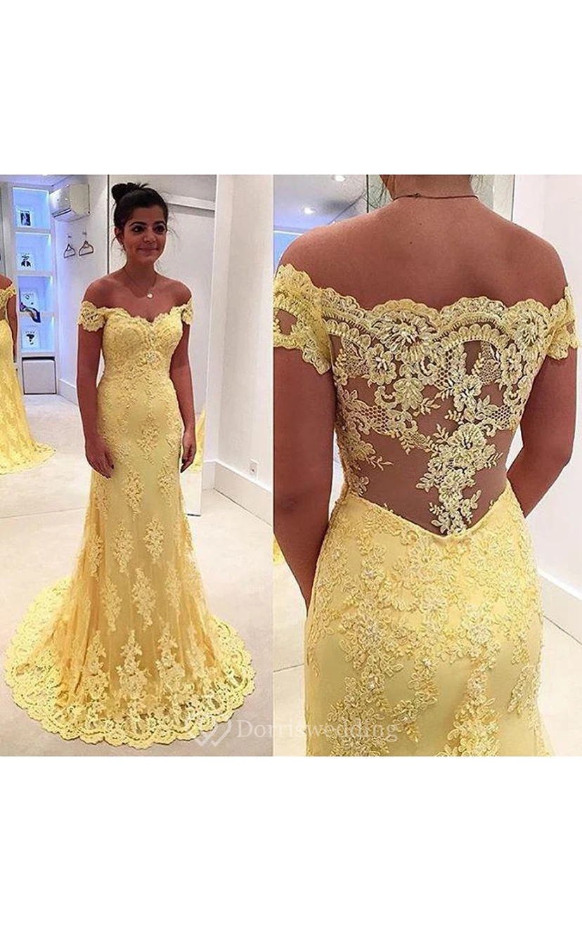 Modernes gelbes Abendkleid im Meerjungfrauenstil mit schulterfreiem Schnitt und Spitzenapplikationen view 2