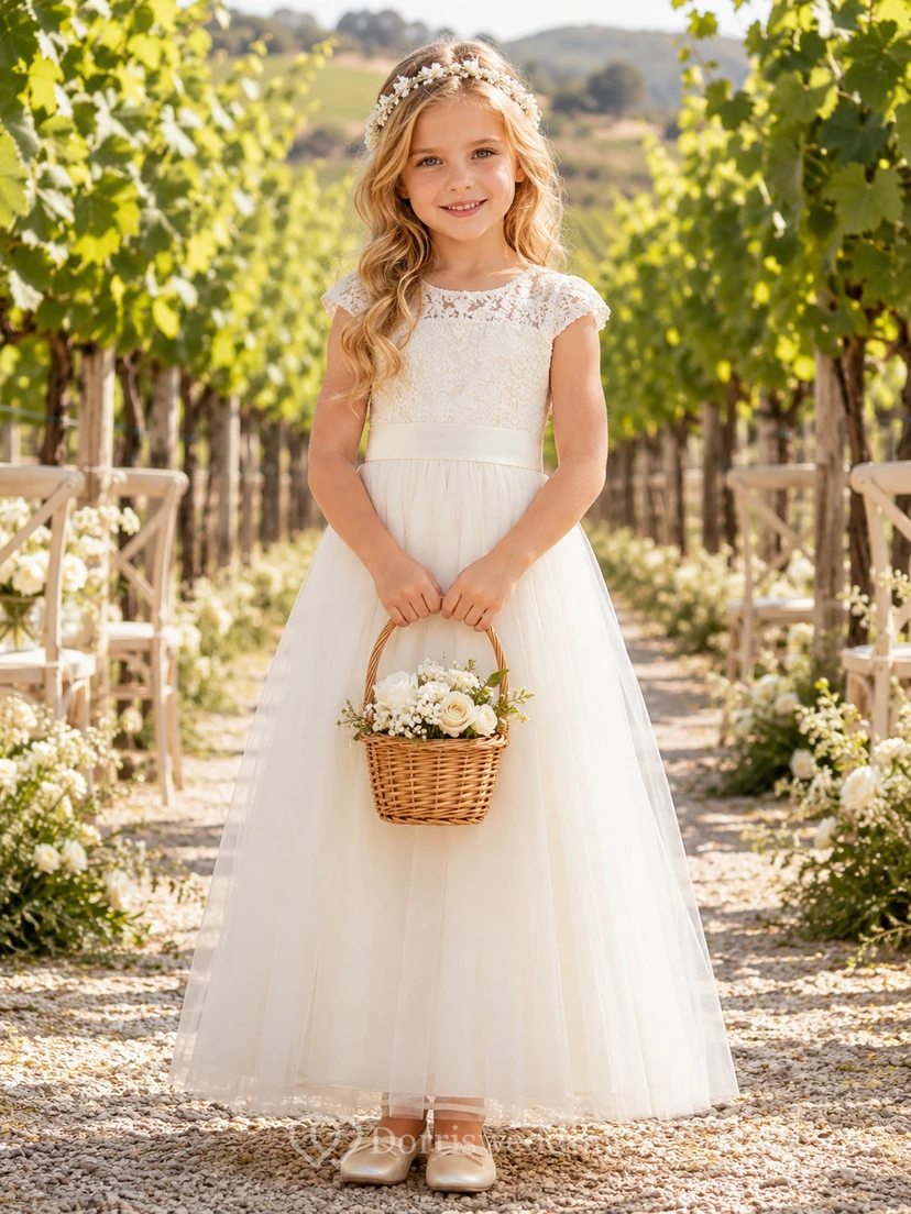 Ivory A-Line Floor-Length Flower Girl Dress with Scoop Neck, Lace Cap Sleeves, Buttoned Keyhole Back and Bow Sash