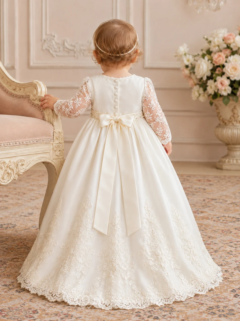 Vestido de bautizo elegante y lujoso para bebé, corte en A, largo hasta el suelo, cuello joya, manga larga, satén, encaje, lazo en la espalda y botones en la espalda. view 2
