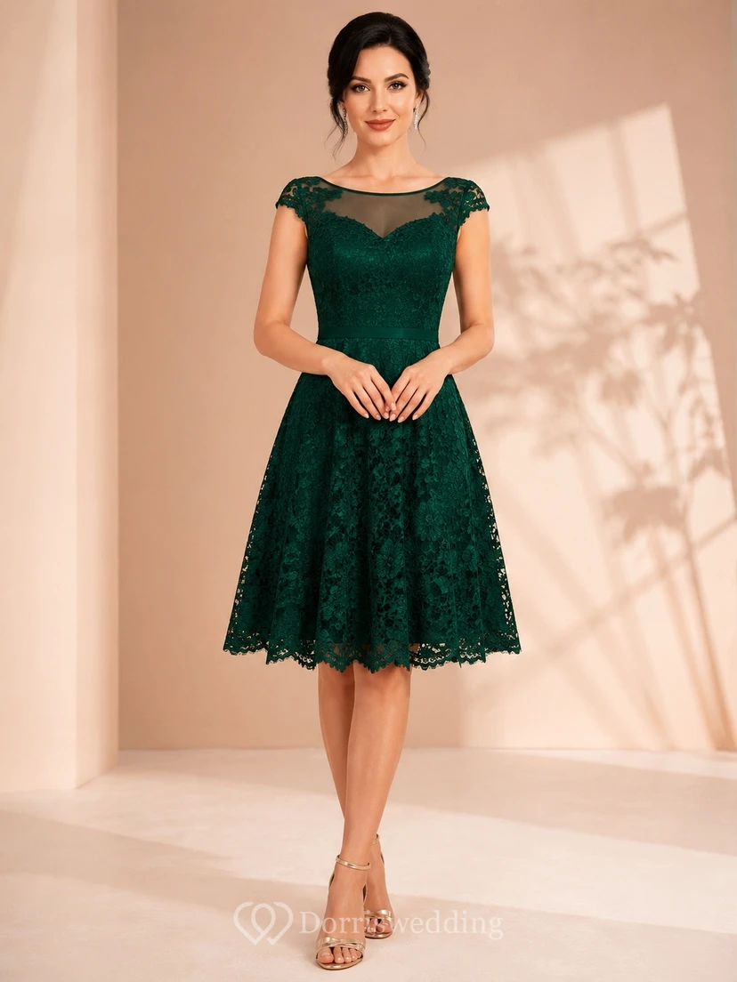 Dark Green Lace Cap Sleeve A-Line Knee Length Cocktail Dress