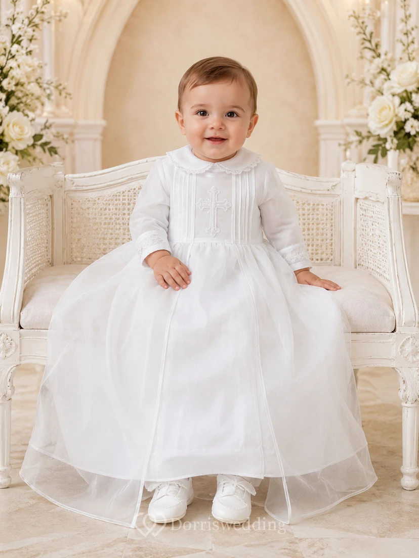 Taufkleid mit Kreuzstickerei, A-Linie, aus Tüll-Satin, hoher Kragen, lange Ärmel view 2