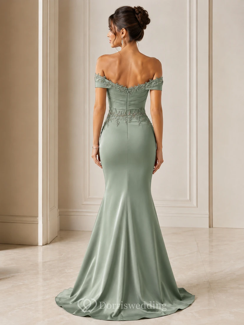 Robe de soirée sirène en dentelle, épaules dénudées, manches courtes et fronces en dentelle, longueur au sol view 2