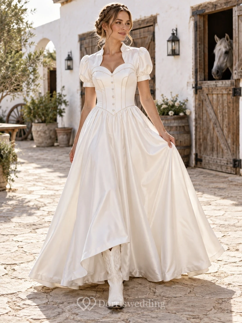Sencillo vestido de novia de satén de corte A asimétrico, estilo western country, con mangas abullonadas y corpiño abotonado.