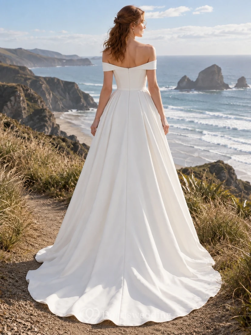 Einfaches schulterfreies A-Linien-Brautkleid mit Schleppe und natürlicher Taille view 2