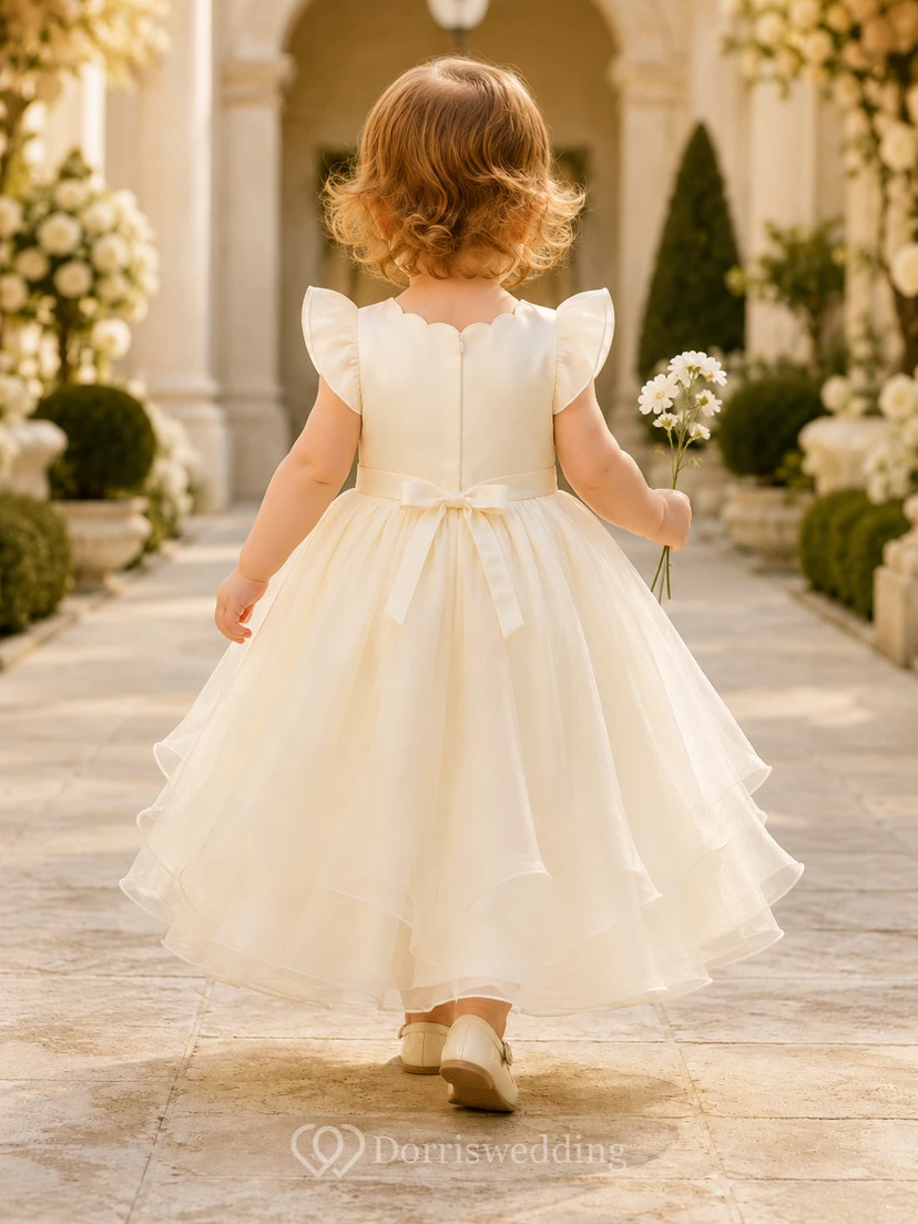 Champagnerfarbenes Satin-Oberteil, Organza-Rock, A-Linien-Kleid mit flatternden Ärmeln – ideal zur Babytaufe. view 2