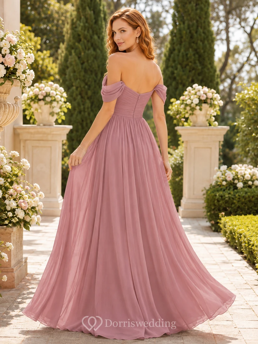 Tender Dusty-Rose Off-Shoulder Sweetheart Ruched Chiffon A-Line Floor-Length Bridesmaid Guest Dress view 2