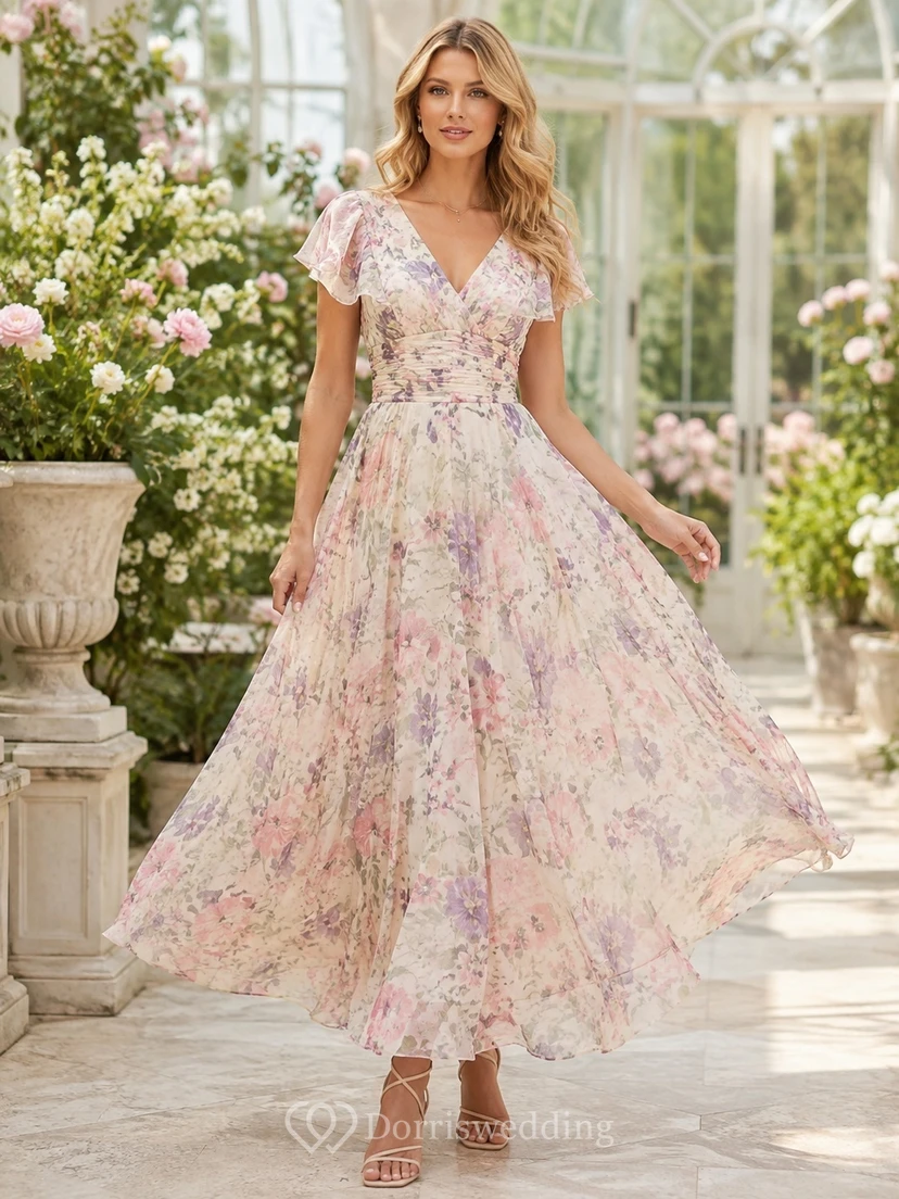 Blush Pastel Floral Print V-Neck A-Line Tea-Length Chiffon Romantic Guest Dress