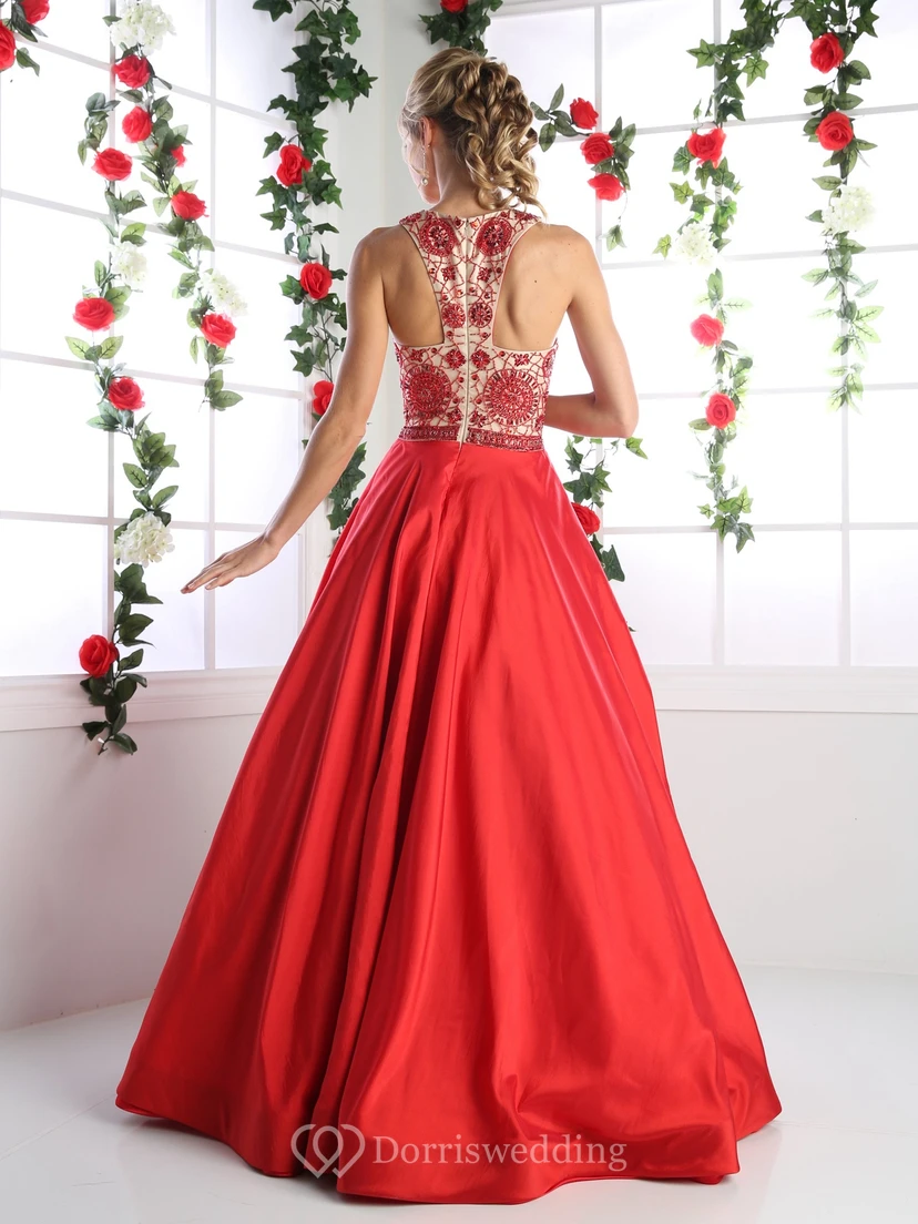 A-Line Long Jewel-Neck Sleeveless Satin Zipper Dress With Beading view 4