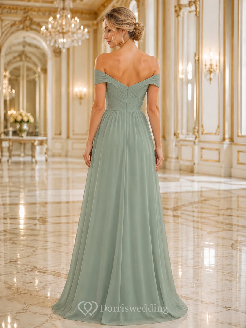 Formal Ballroom Sage Romantic Elegant A-Line Chiffon Bridesmaid Dress with Off Shoulder Sweetheart Short Sleeve Floor-Length Low Back view 2