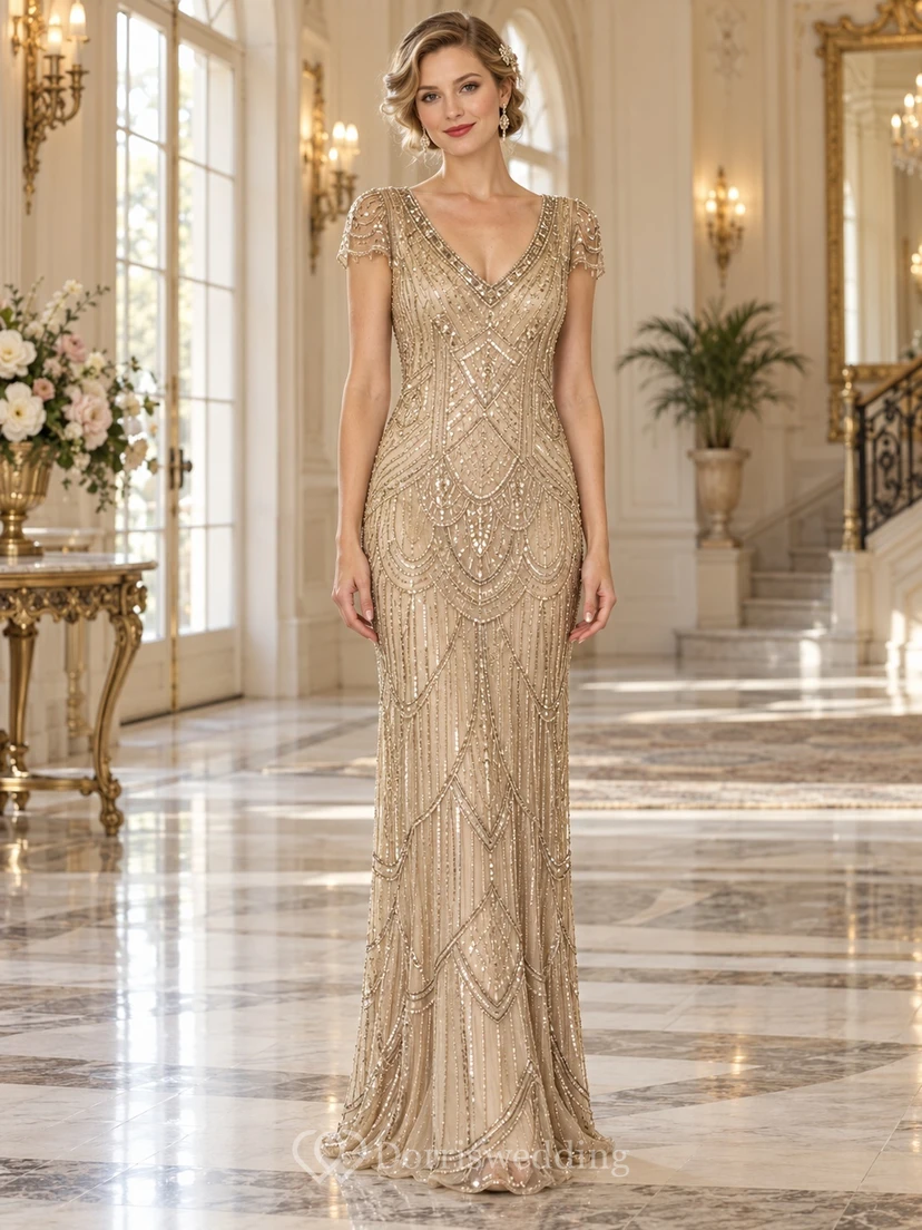 1920s Champagne V-neck Geometric Beaded Cap Sleeve Long Formal Dress