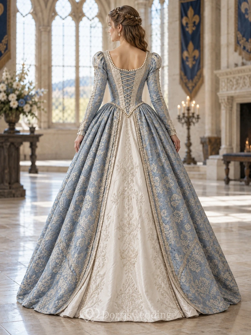 Robe de bal médiévale à manches longues en brocart bleu acier avec corset view 2