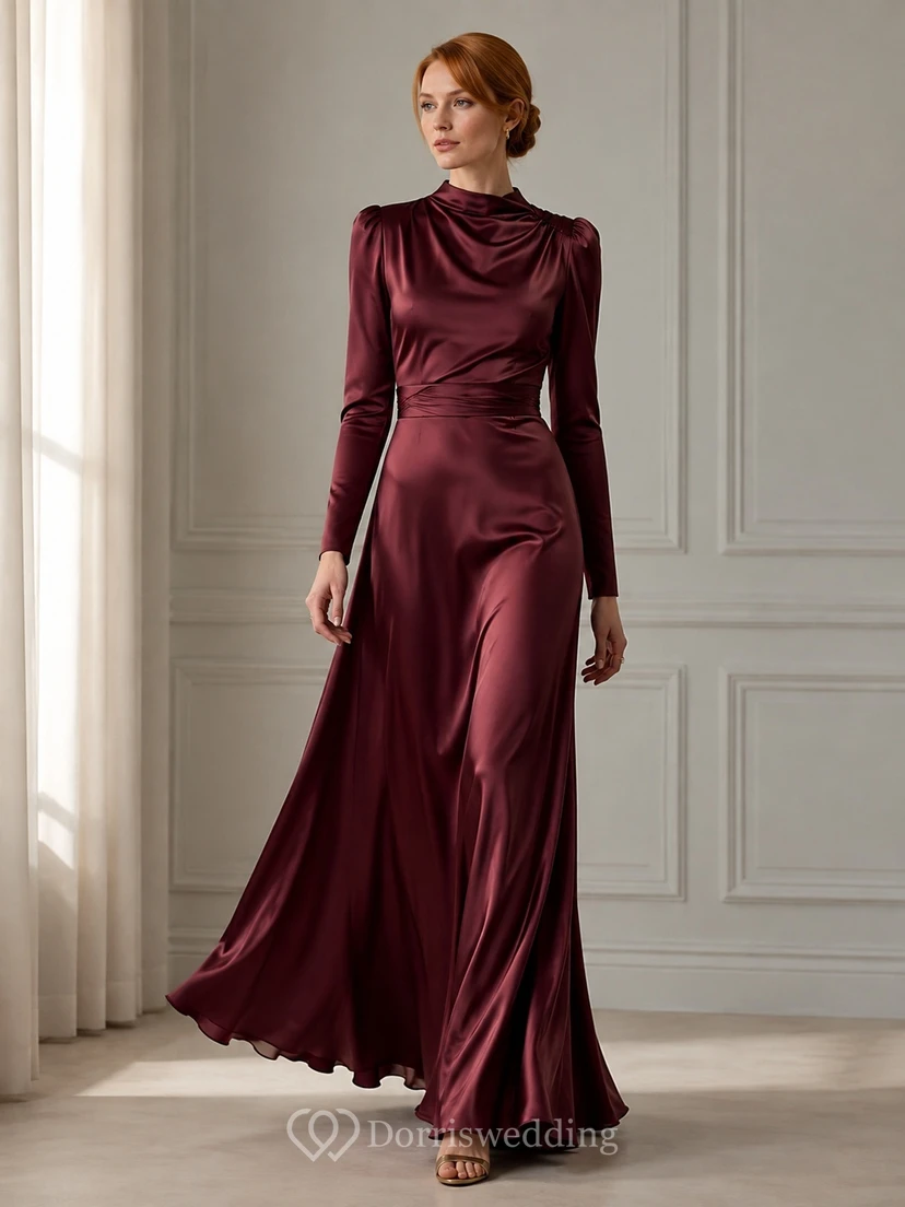 Burgundy High Neck Long Sleeve Draped Velvet Sheath Evening Floor-Length Dress