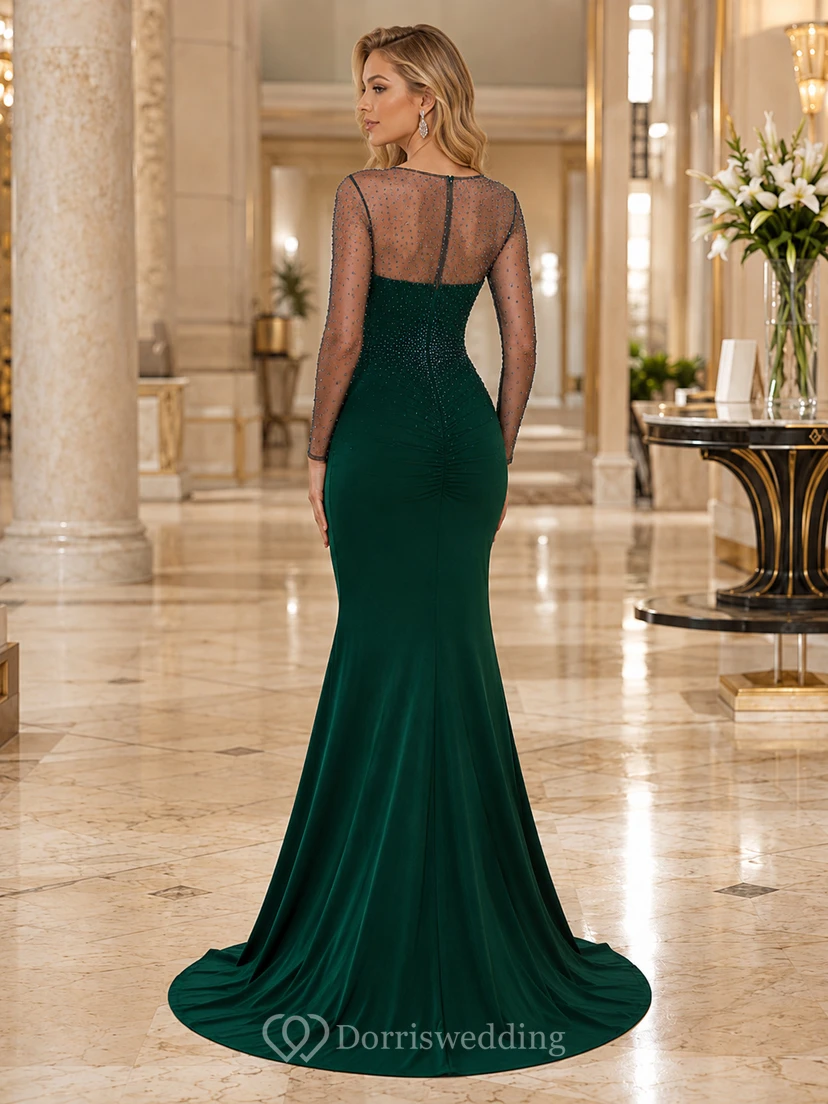Dark Green Illusion Sleeve Mermaid Evening Dress view 2
