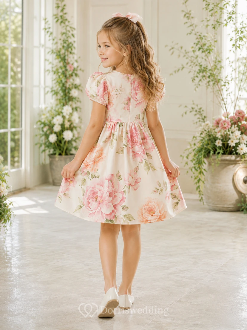 Übergroßes Blumenmädchenkleid mit Blumenmuster, Puffärmeln, A-Linien-Tüllrock, natürlicher Taille und Teelänge view 2