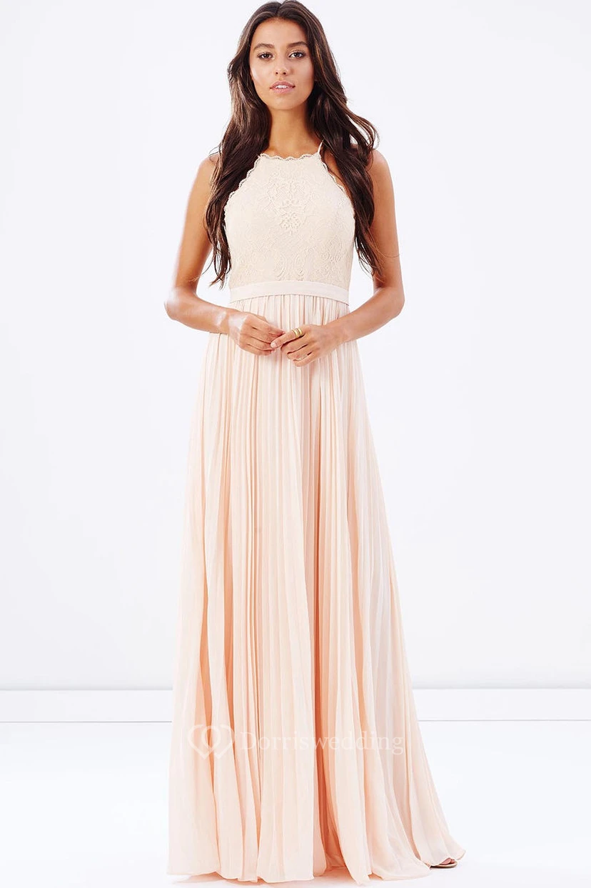 Ärmelloses, plissiertes Spaghetti-Chiffon-Brautjungfernkleid mit Spitze und Bändern