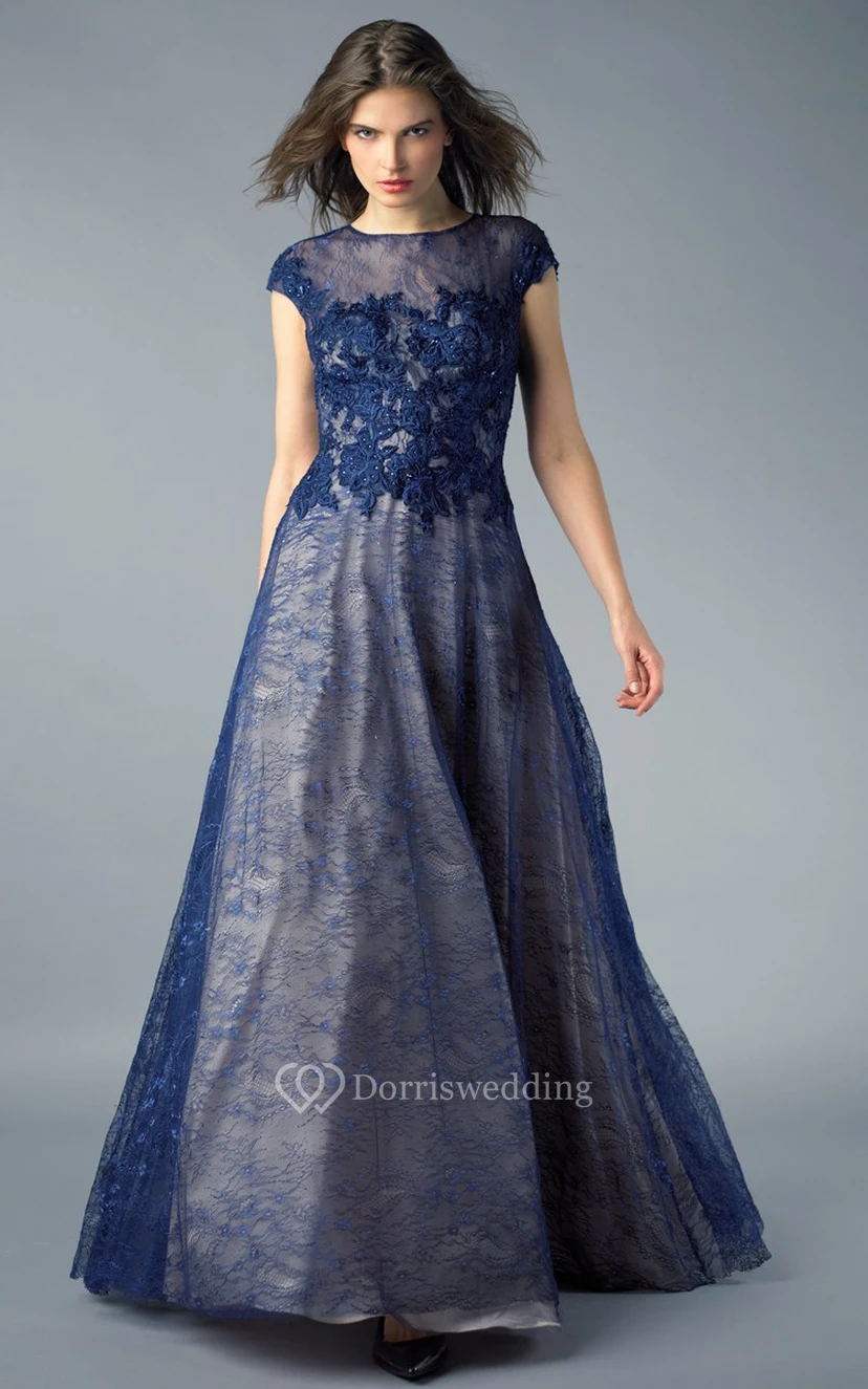 A-line Floor-length High Neck Short Sleeve Lace Illusion Dress view 4