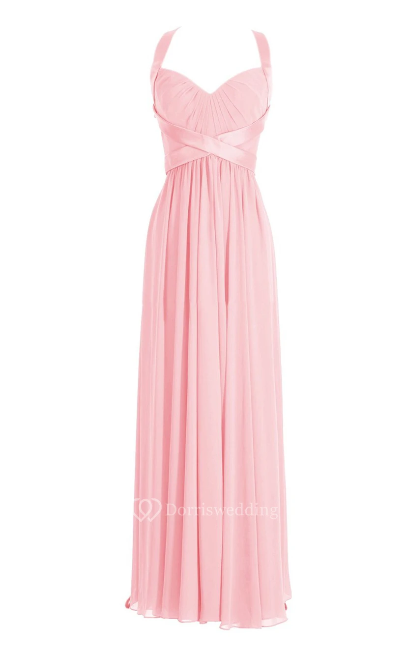 Halter Pleated Chiffon A-line Gown With Deep-v Back view 11