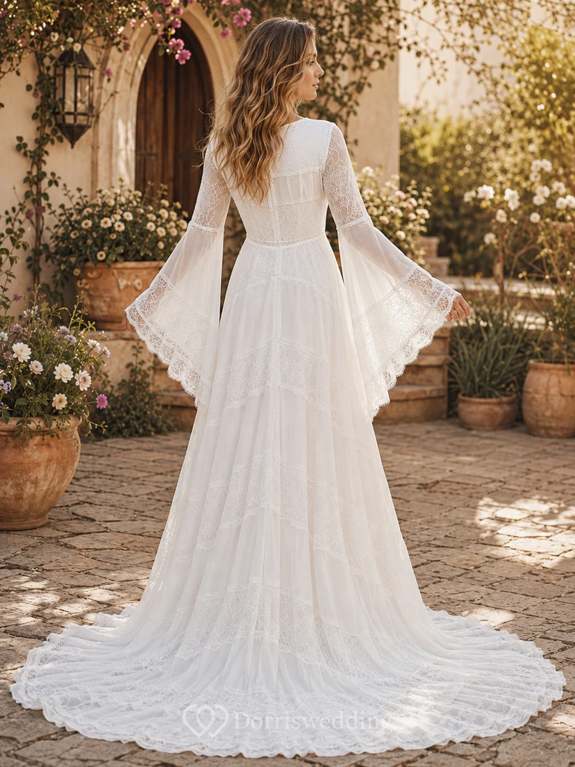 Long Bell Sleeve Lace A-Line Wedding Dress with Ruffle Drape view 3