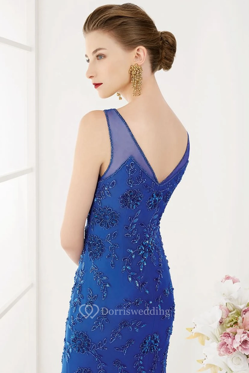 V Neck V Back Sleeveless Sheath Long Dress With Crystal And Flowers view 2