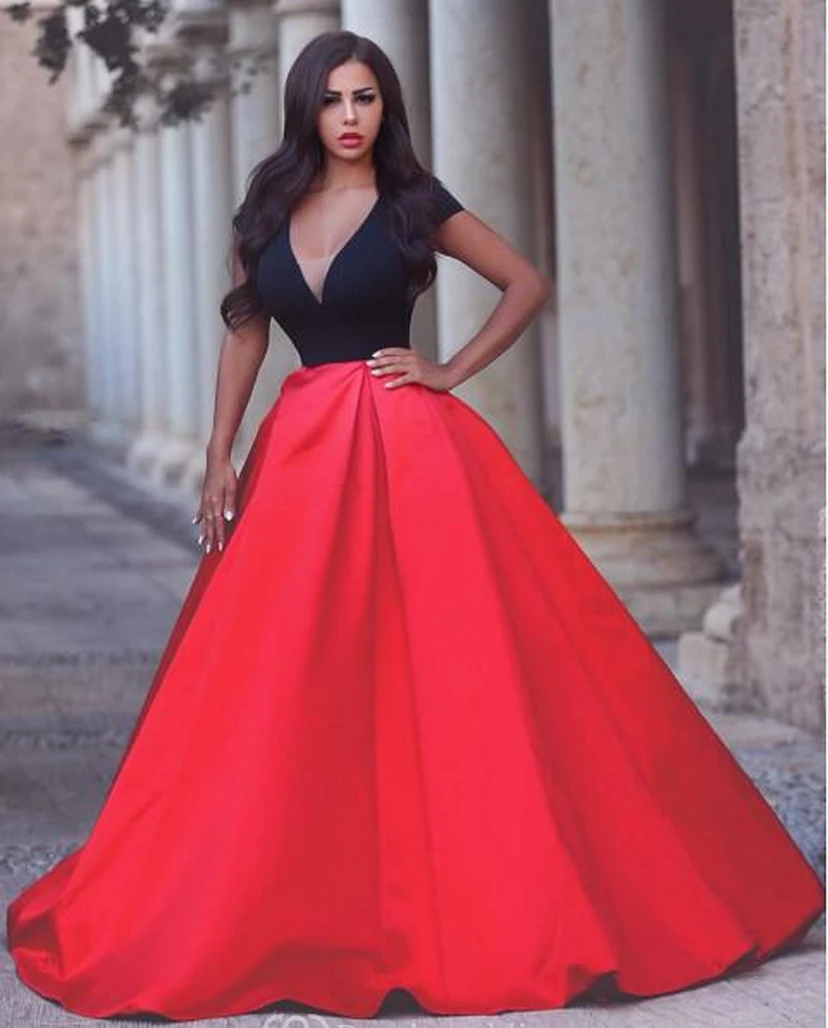 Sexy Balack and Red Short Sleeve Evening Dresses Taffeta A-Line Evening Party Gown view 2