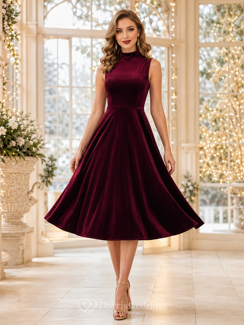Burgunderfarbenes, hochgeschlossenes, ärmelloses Samtkleid in A-Linien-Form, Teelänge, Weihnachts-Cocktailkleid