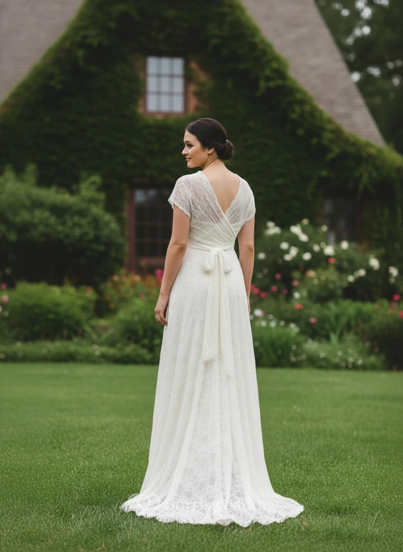 Elegant Lace Cap Sleeve Sheath Wedding Dress with Criss-Cross Bodice view 2
