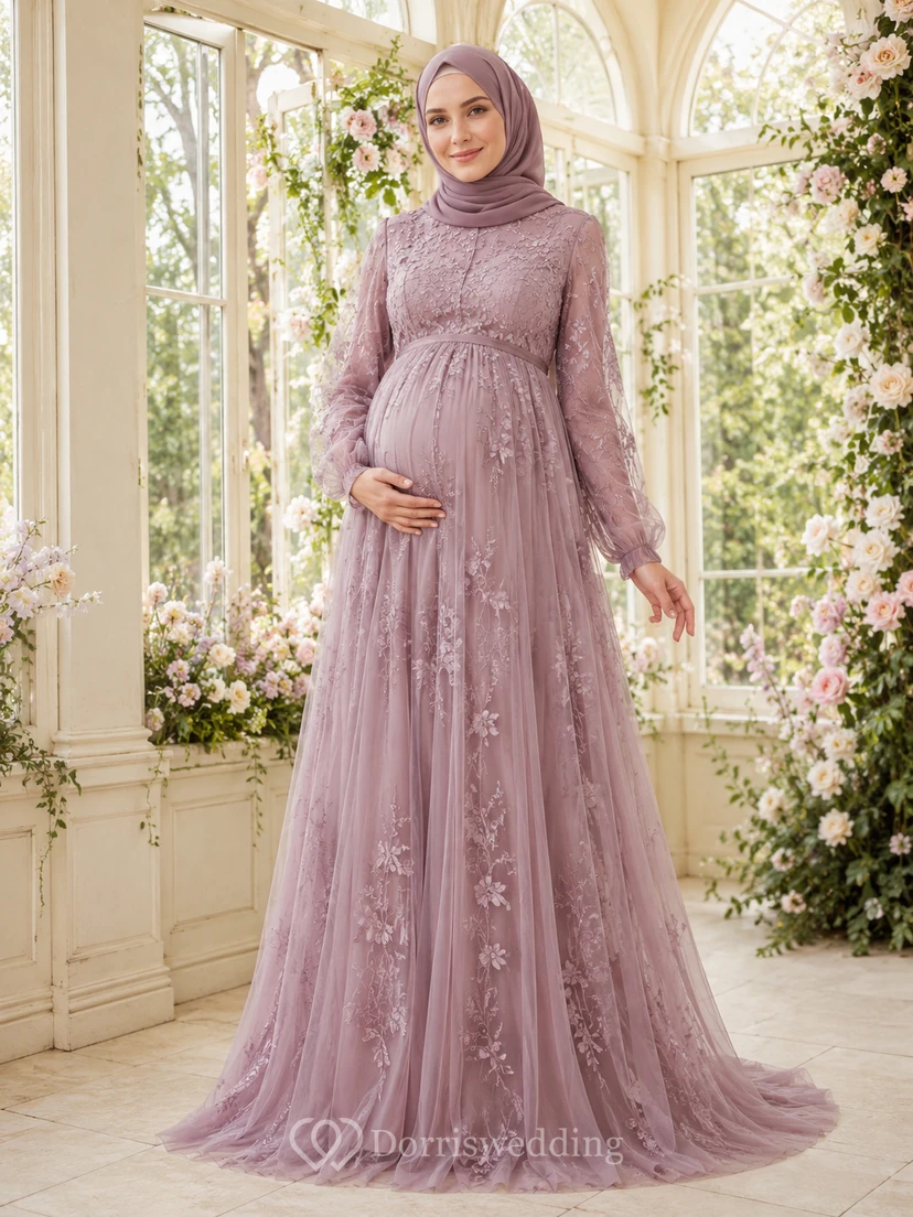 Robe de maternité vintage mauve à manches longues en tulle et appliqué floral, compatible avec le hijab