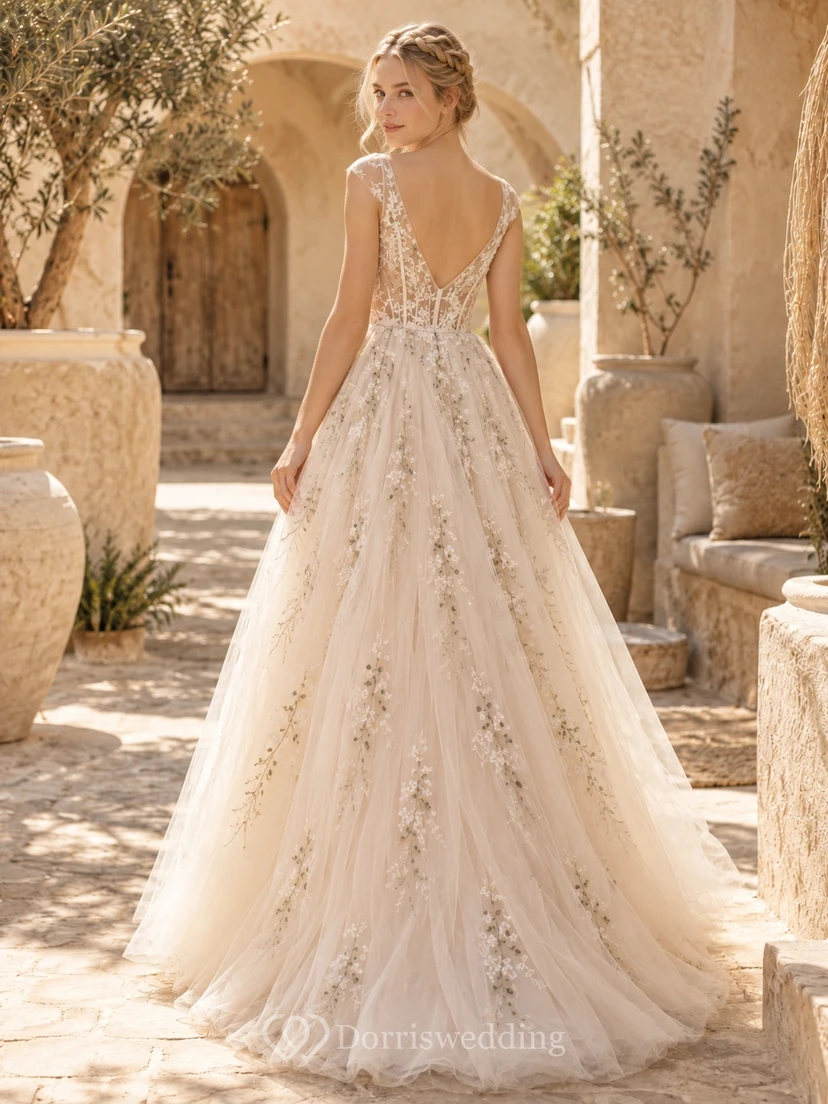 Boho Champagne V-neck Floral Embroidered Tulle A-line Sweet Sixteen Gown view 2