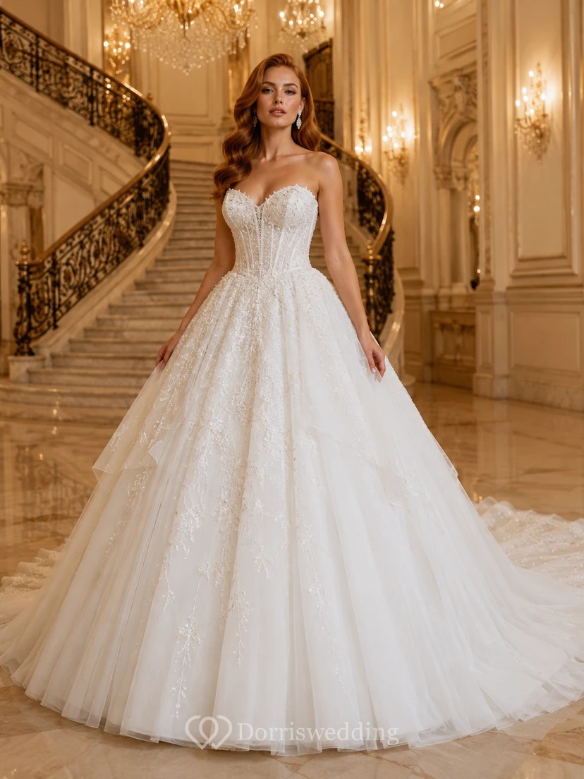 Vestido de novia de tul, estilo princesa, sin tirantes, con cola larga, detalle de volantes y escote en V en la espalda.