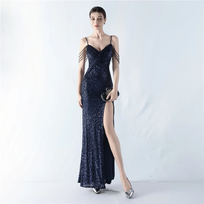 Robe de soirée sexy à bretelles et fente haute, ornée de perles et de perles artisanales. view 33