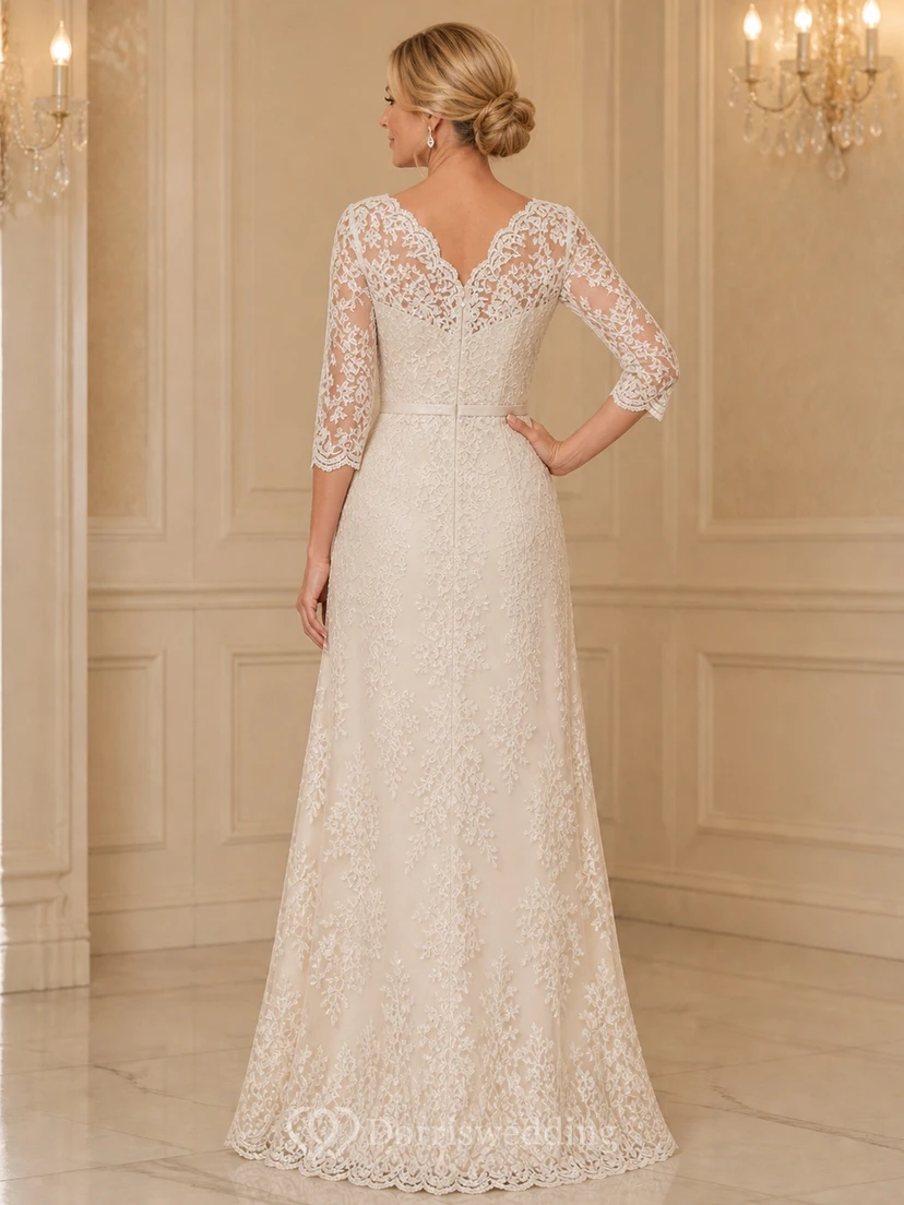 Soft-Scalloped Modest Older Brides Lace A-Line Floor-length Bateau Three-Quarter Sleeve Mother Dress view 2