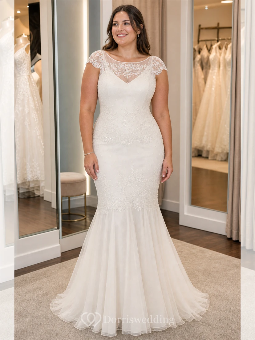 Vestido de novia maxi de encaje con escote redondo y mangas cortas con efecto ilusión. view 6