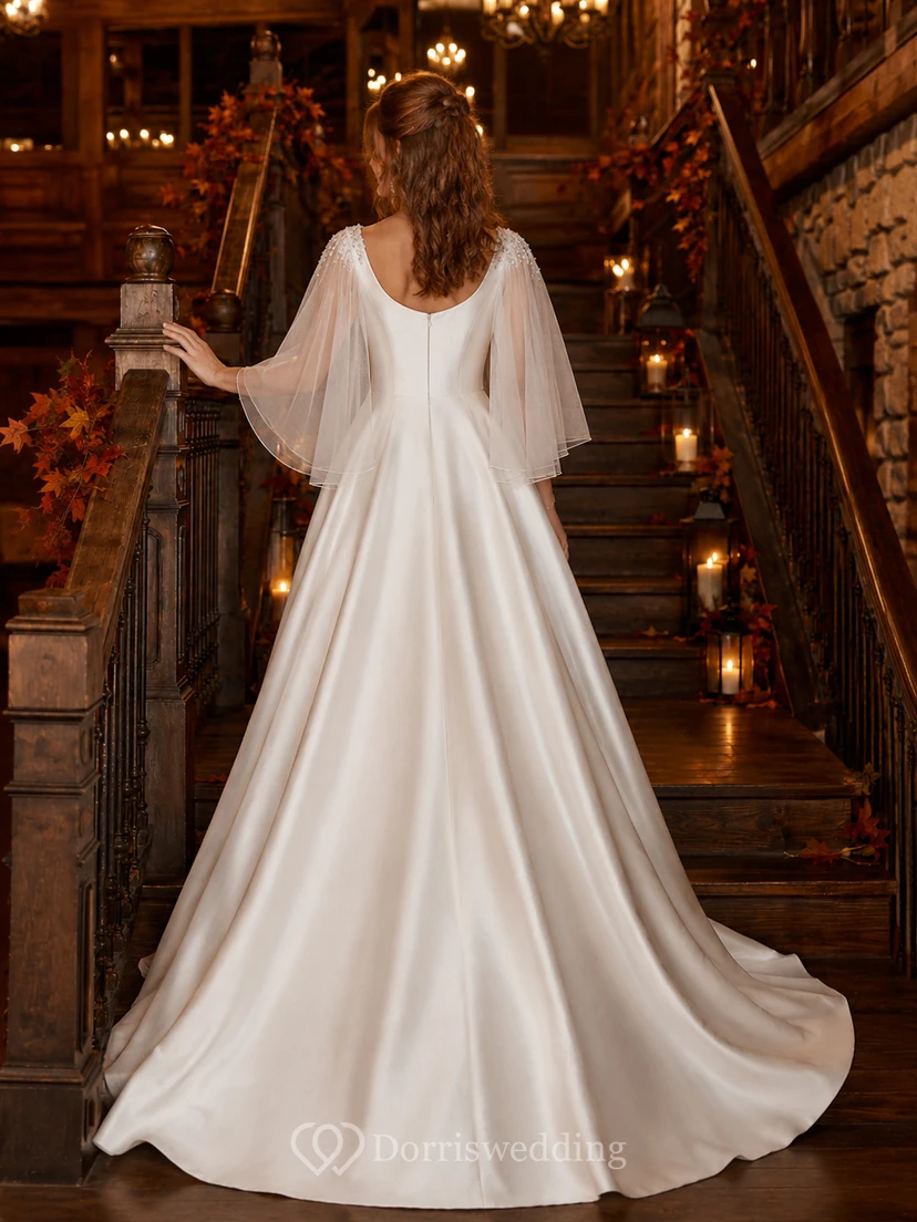Fall Lodge Bateau Cape Sleeve Satin Ball Gown Dress view 2