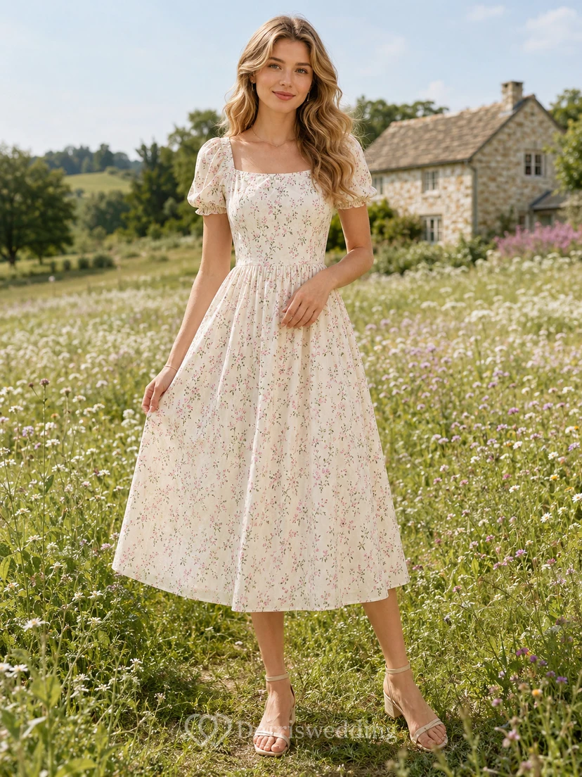 Cottagecore Floral Square Neck Puff Sleeve Midi Dress